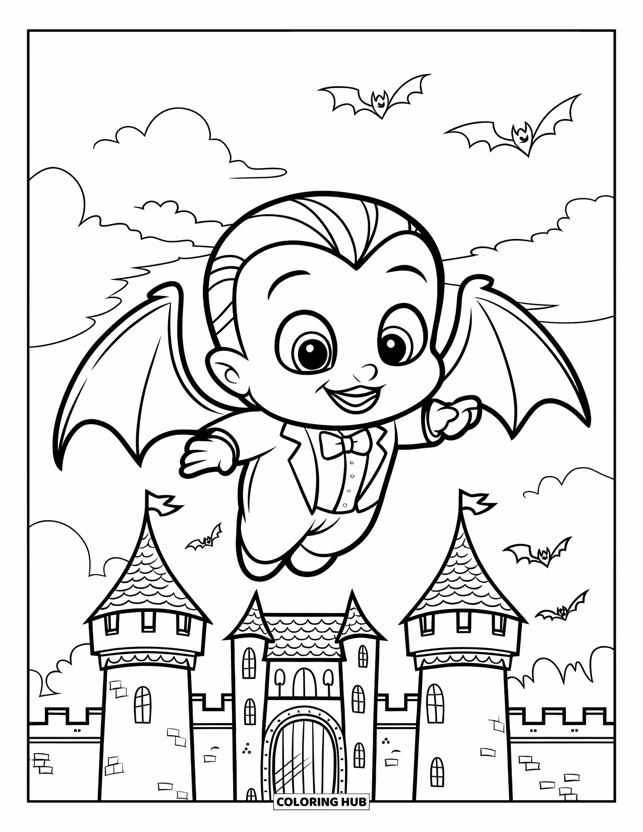Vampire Coloring Page for Kids: A tiny vampire with wings flies over a castle under a cloudy sky