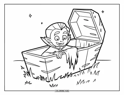 Coloriage de vampires pour enfants : Un garçon vampires aux oreilles pointues observe depuis un cercueil sous un ciel étoilé