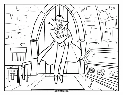 Coloriage de vampires pour enfants : Un vampires flotte les bras croisés dans une chambre de pierre avec une porte en bois