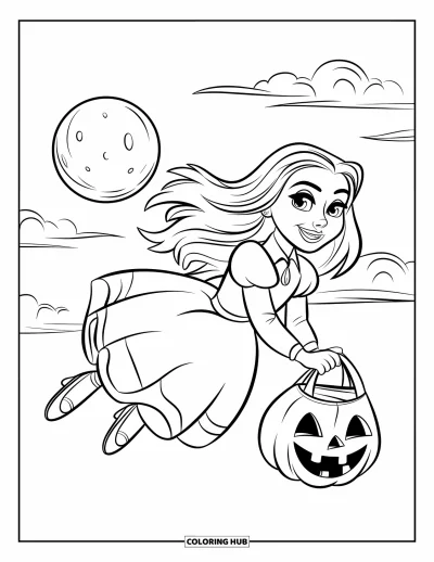 Coloriage de vampires pour enfants : Une fille vampires passe devant une lune brillante avec des crocs et un sac à friandises effrayant
