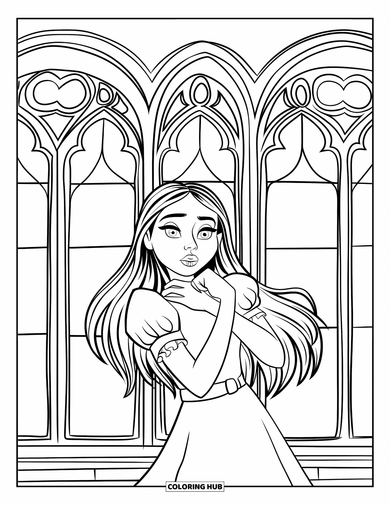 Vampire Coloring Page for Kids: A vampire girl stands boldly before intricate gothic windows on a shadowy background