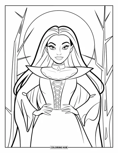 Coloriage de vampires pour enfants : Une fille vampires se tient fièrement sous la lune avec des arbres et de fines branches autour d'elle