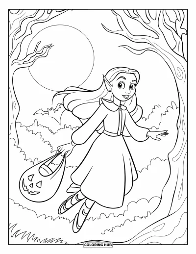 Coloriage de vampires pour enfants : Une fille vampires avec un sac vole devant une forêt baignée de lune à Halloween