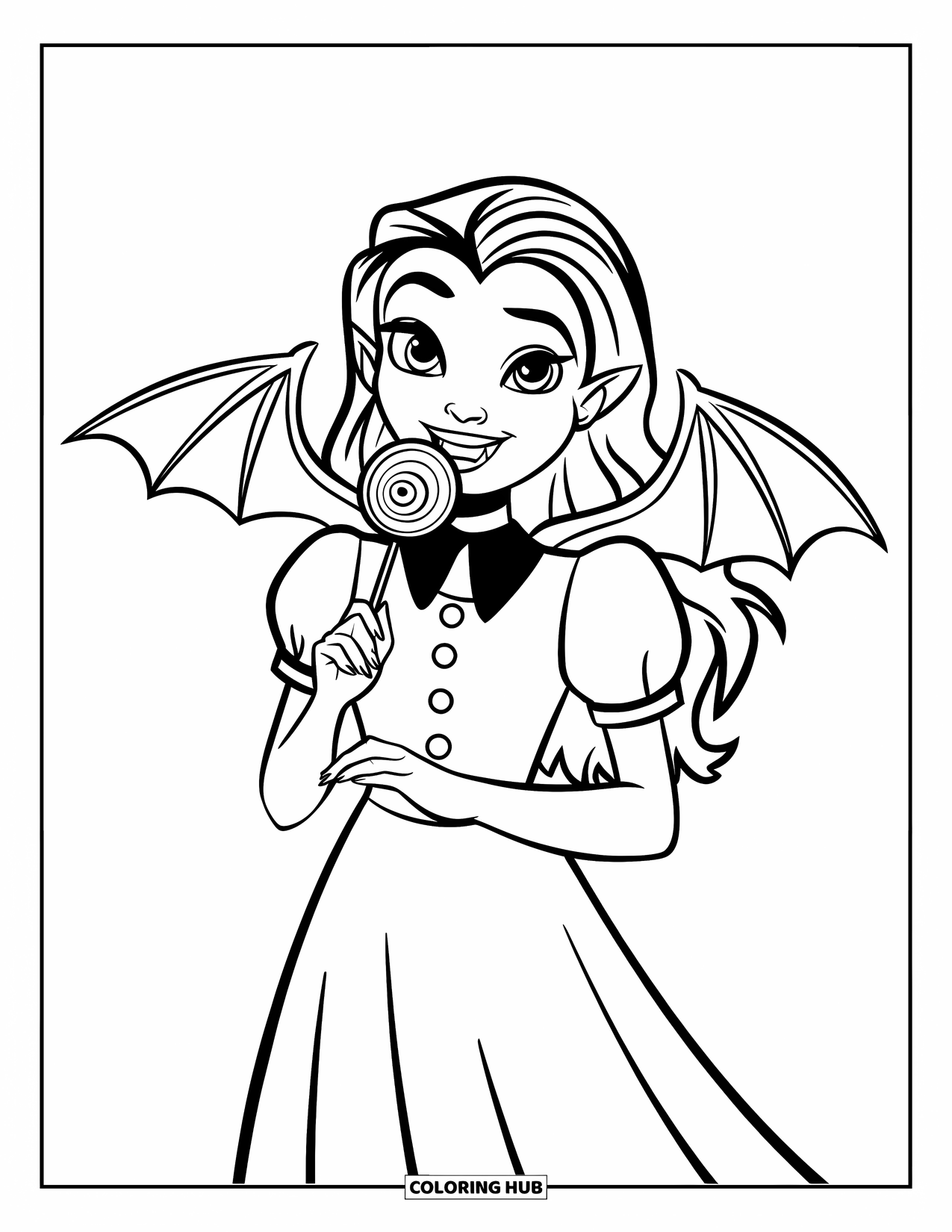 Vampire Coloring Page for Kids: A vampire girl with bat wings and long hair holds a lollipop and smiles