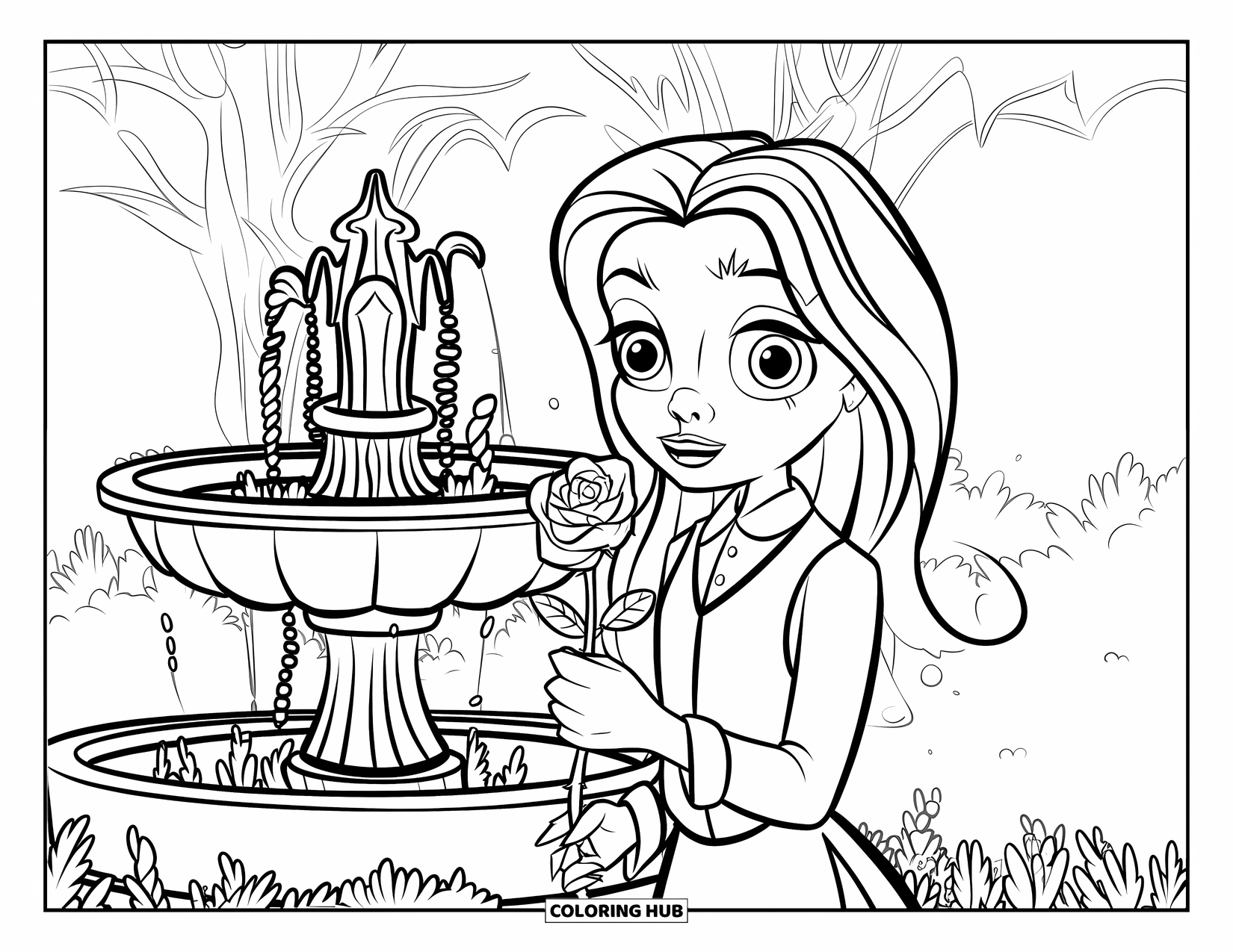 Vampire Coloring Page for Kids: A vampire girl with tired eyes holds a rose beside a foggy, overgrown fountain