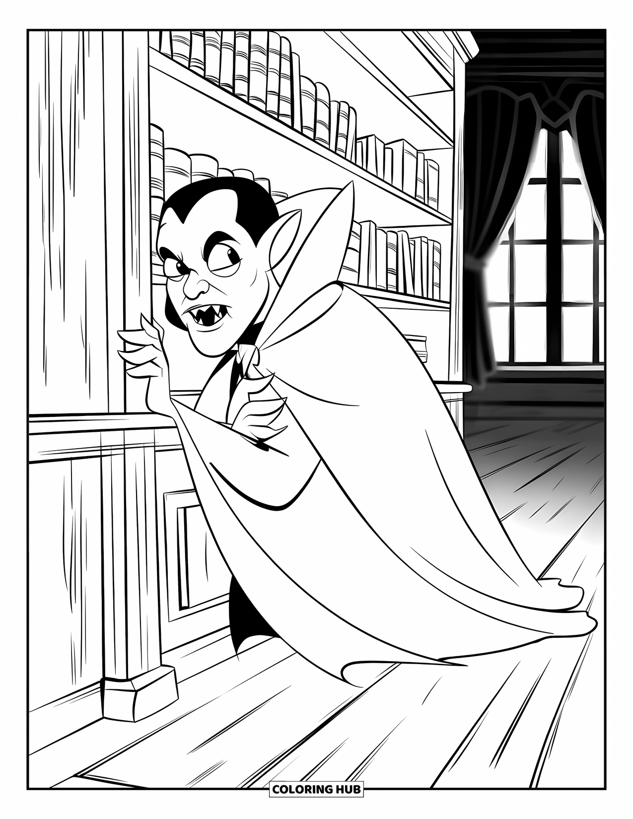 Vampire Coloring Page for Kids: A vampire in a cape leans against a shelf in a dimly lit room