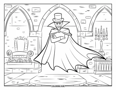Coloriage de vampires pour enfants : Un vampires en cape et haut-de-forme flotte dans une grande salle ornée de portraits