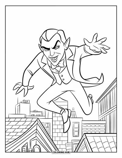 Coloriage de vampires pour enfants : Un vampires en smoking saute entre des immeubles sous un sombre ciel nocturne