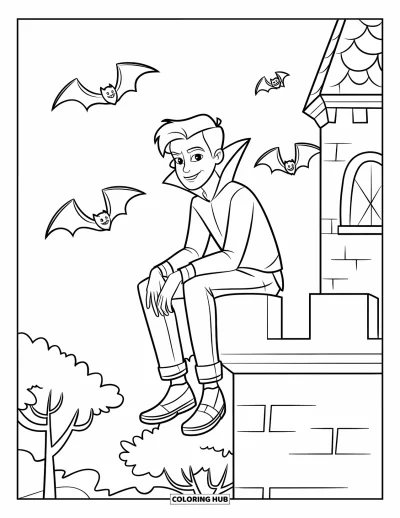 Coloriage de vampires pour enfants : Un vampires assis en hauteur au-dessus d'une forêt observe des chauve-souris passer près d'un château