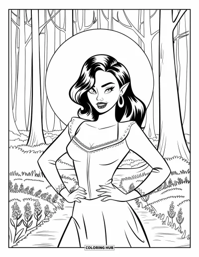Coloriage de vampires pour enfants : Un vampires se dresse fièrement sous la lune avec des fleurs éparpillées le long d'un chemin forestier