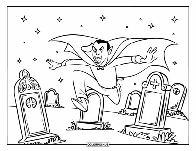 Coloriage de vampires pour enfants : Un vampires en cape saute par-dessus des pierres tombales décorées sous un ciel nocturne lumineux