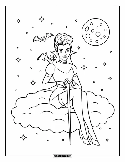 Coloriage de vampires pour enfants : Un vampires aux cheveux roux tient une canne assis sur un nuage sous les étoiles
