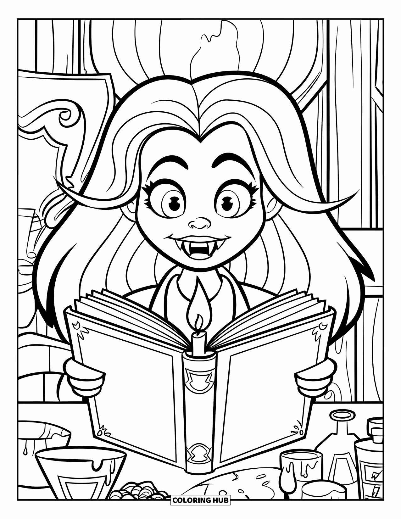 Vampire Coloring Page for Kids: A young vampire studies potions under candlelight in a room full of spooky ingredients