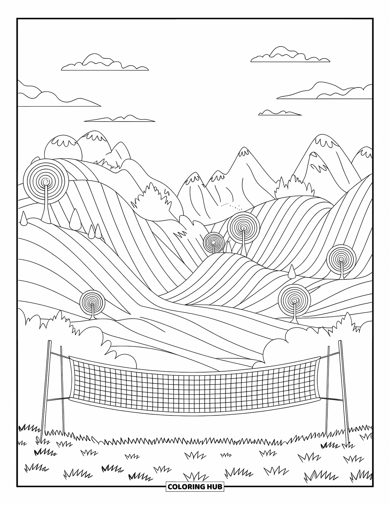 Volleyball Coloring Page for Adults: A calm mountain scene with spiral trees and a volleyball net in the foreground