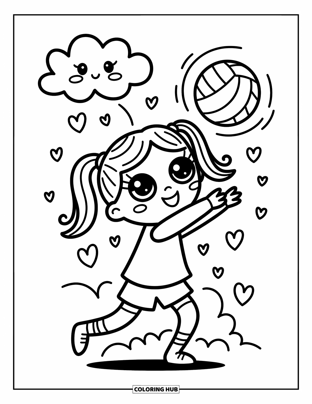 Volleyball Coloring Page for Adults: A joyful girl serves volleyball while hearts and swirls float around her smiling ball
