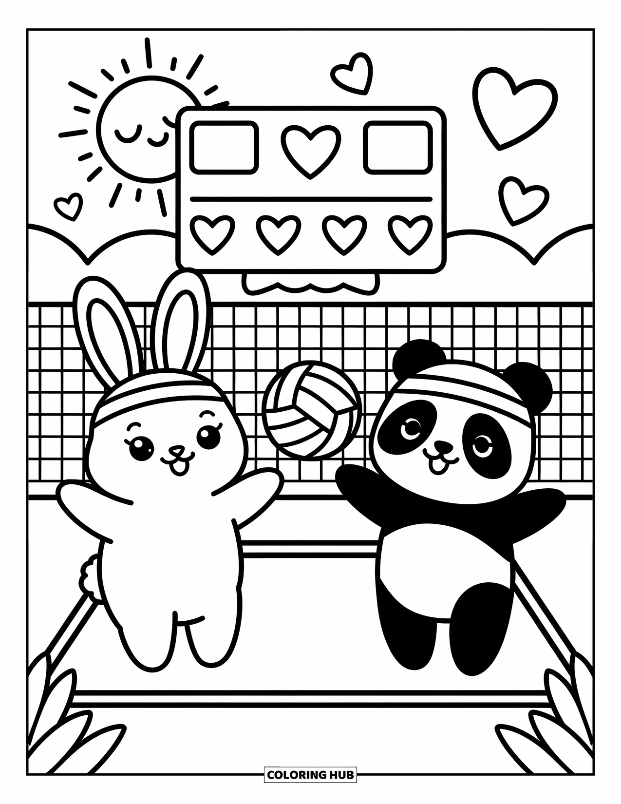 Volleyball Coloring Page for Adults: A playful girl swings a serve with a smiling ball and floating hearts around