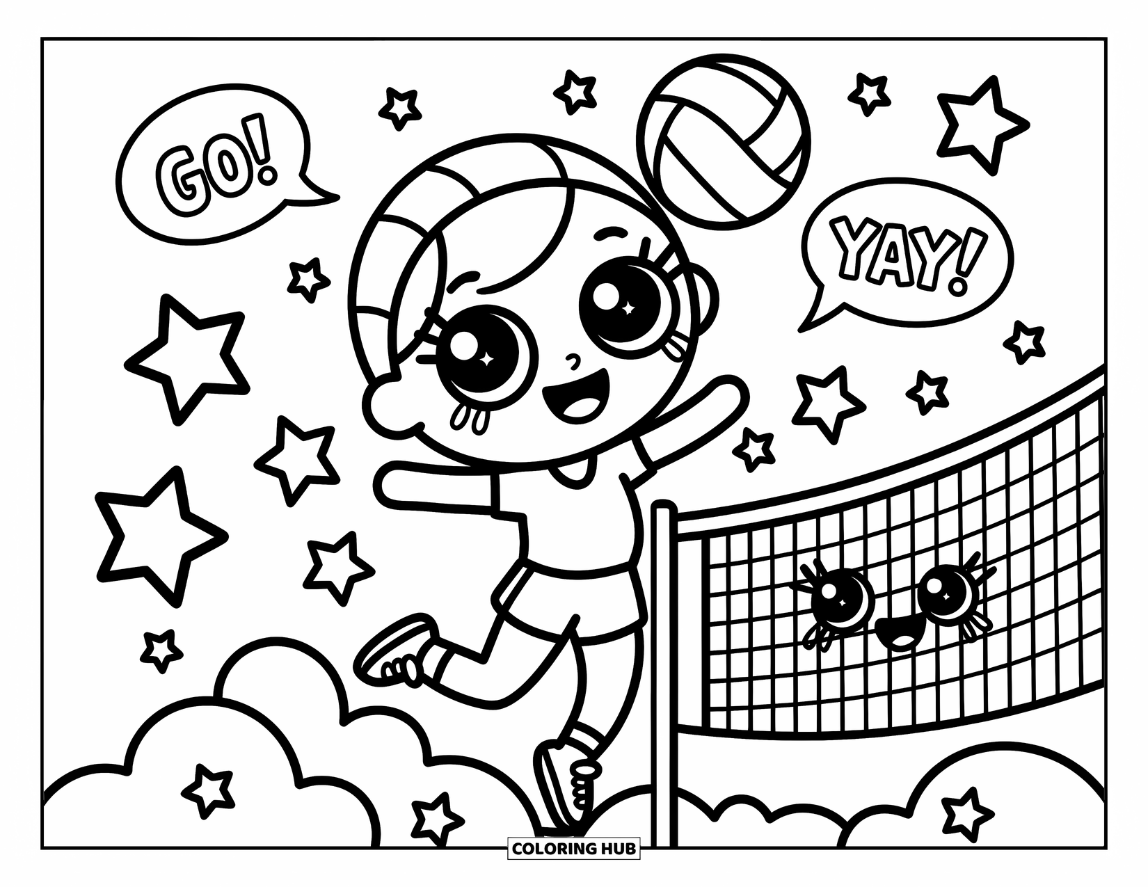 Volleyball Coloring Page for Adults: A small volleyball player spikes the ball with stars and cheerful doodles all around