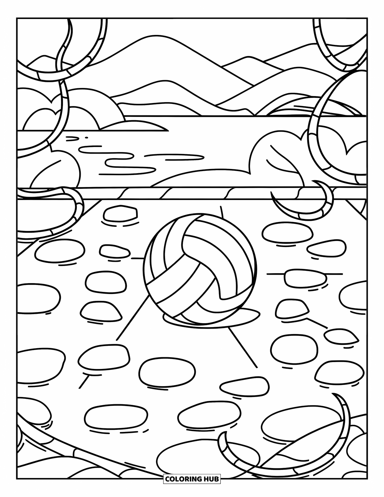 Volleyball Coloring Page for Adults: A volleyball lies on a zen court with pebbles, vines, and a peaceful mountain view