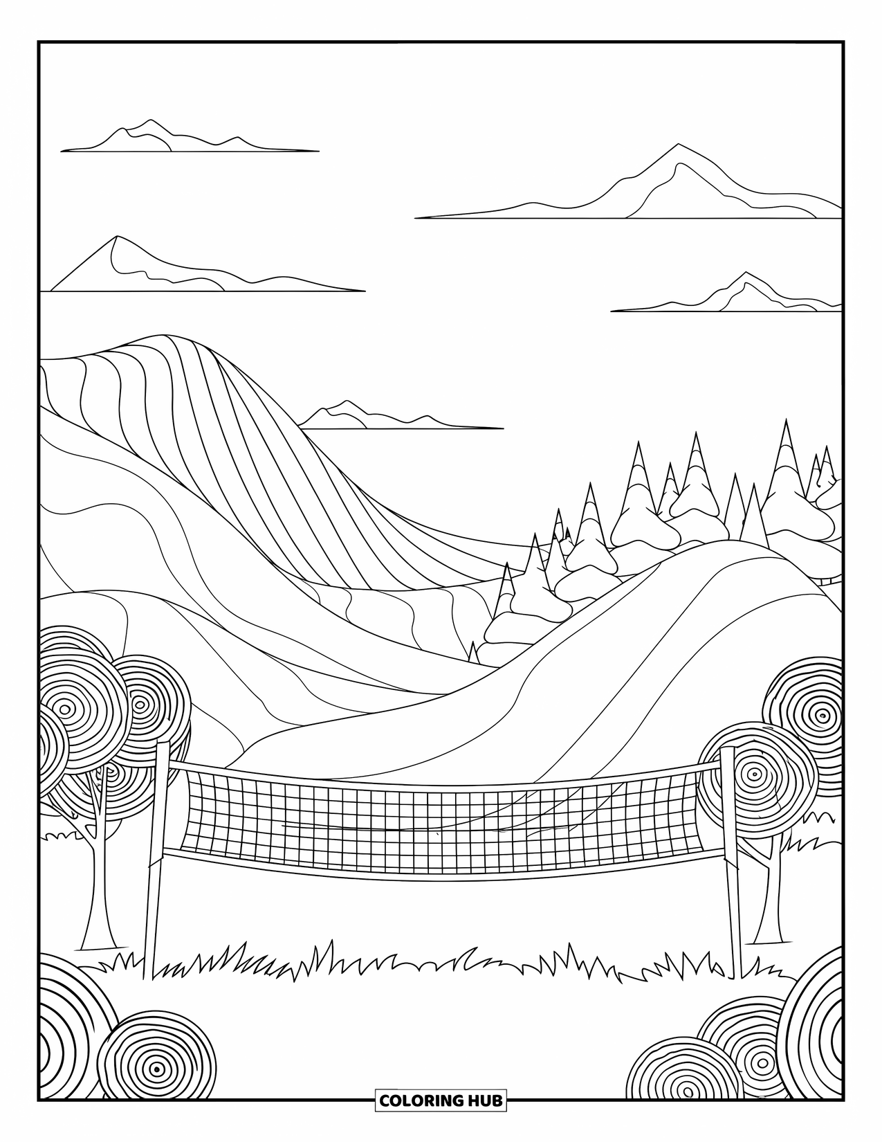 Volleyball Coloring Page for Adults: A volleyball net stands before spiral trees and patterned mountains under a calm sky