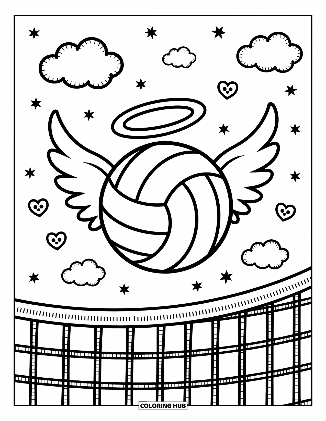 Volleyball Coloring Page for Adults: A volleyball with angel wings and halo floats above a blushing net and cheering faces