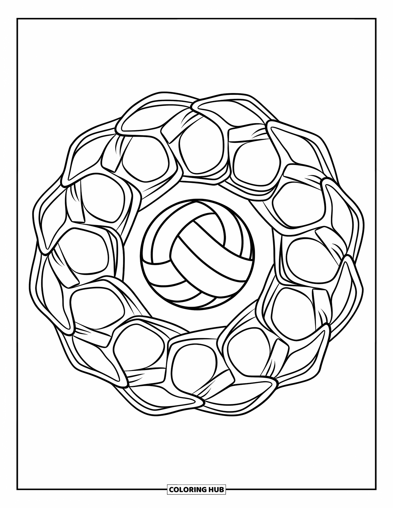 Volleyball Coloring Page for Adults: An elegant net-shaped frame surrounds a single volleyball at the center