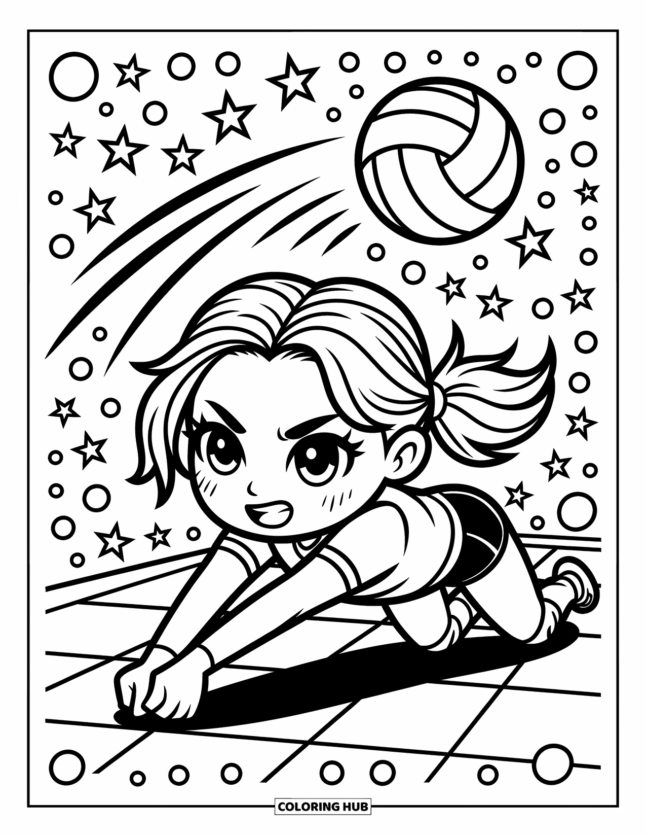 Volleyball Coloring Page for Adults: Chibi girl dives with determination, surrounded by stars, swirls, and motion doodles