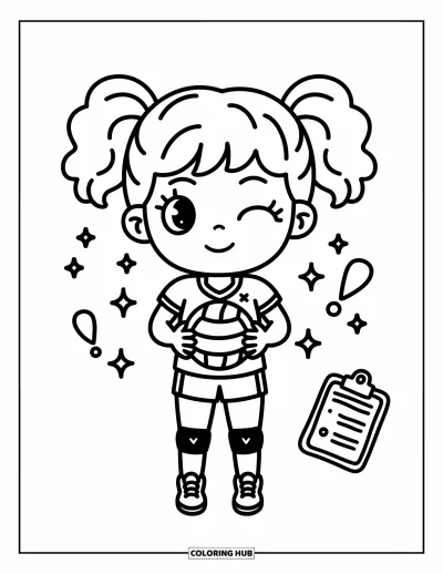 Ζωγραφιά με βόλεϊ για μεγάλους: Chibi κορίτσι βόλεϊ κλείνει το μάτι με μπάλα στο χέρι, περιβαλλόμενο από λάμψεις και σχέδιο clipboard