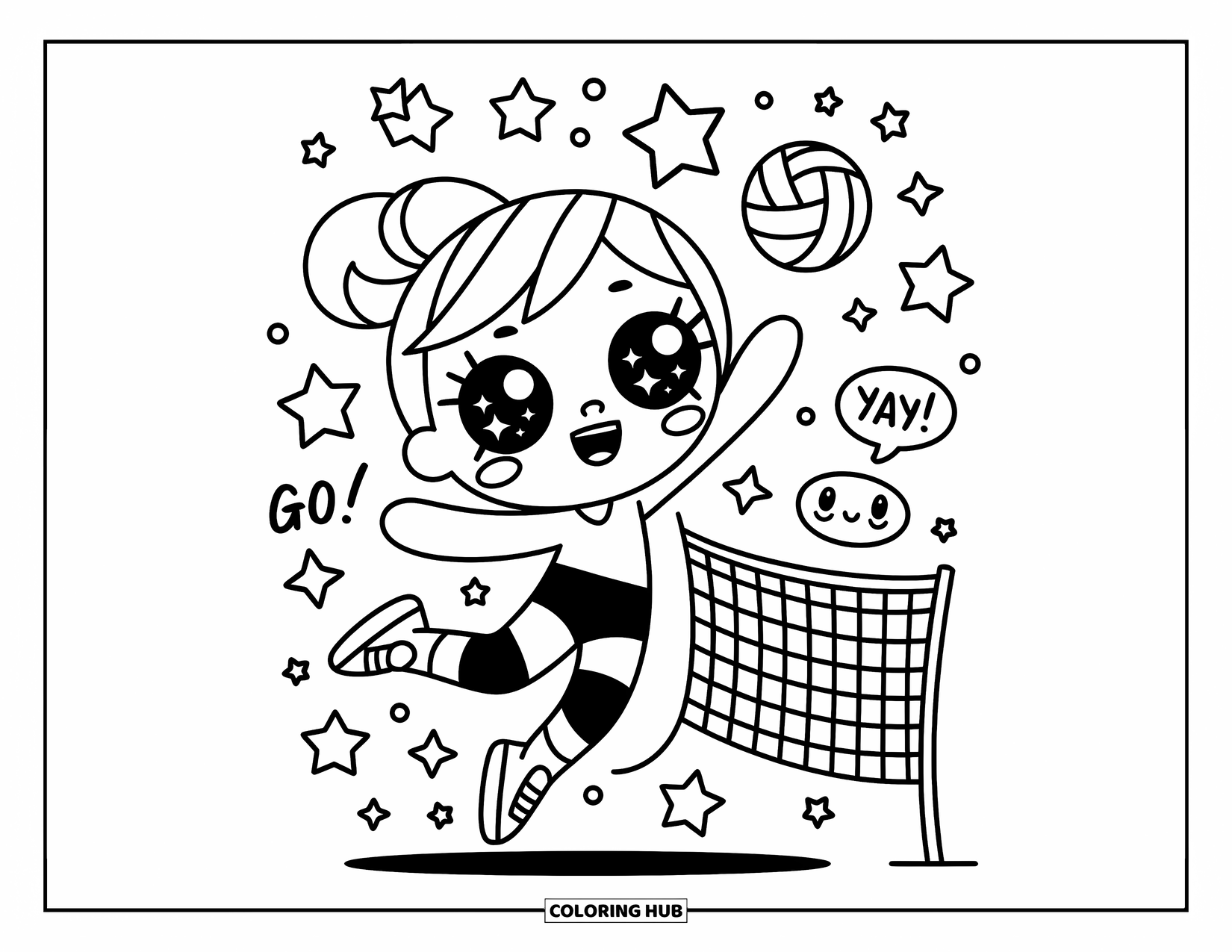 Volleyball Coloring Page for Adults: Cute player leaps to spike the ball with stars around and a cheering net beside her
