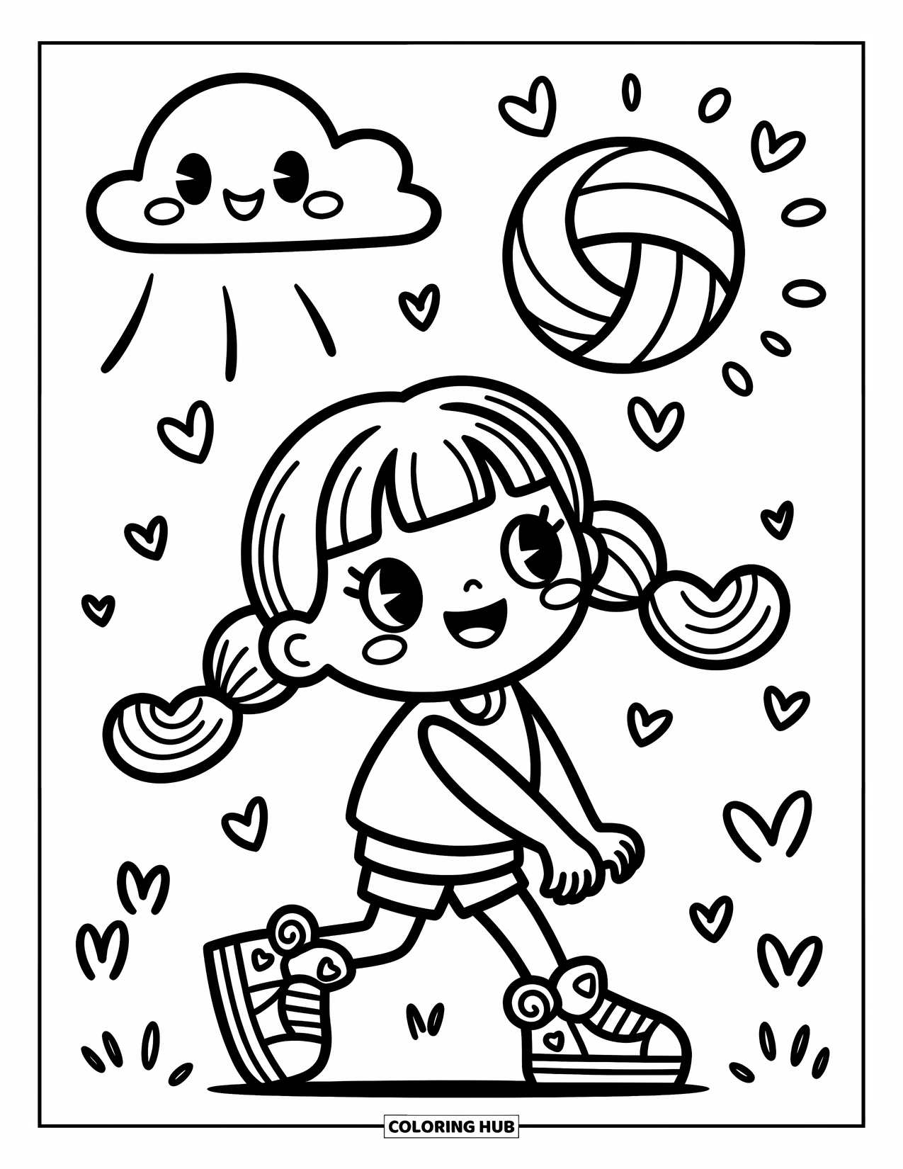 Volleyball Coloring Page for Adults: Pigtail girl serves happily with hearts swirling and a smiling ball overhead