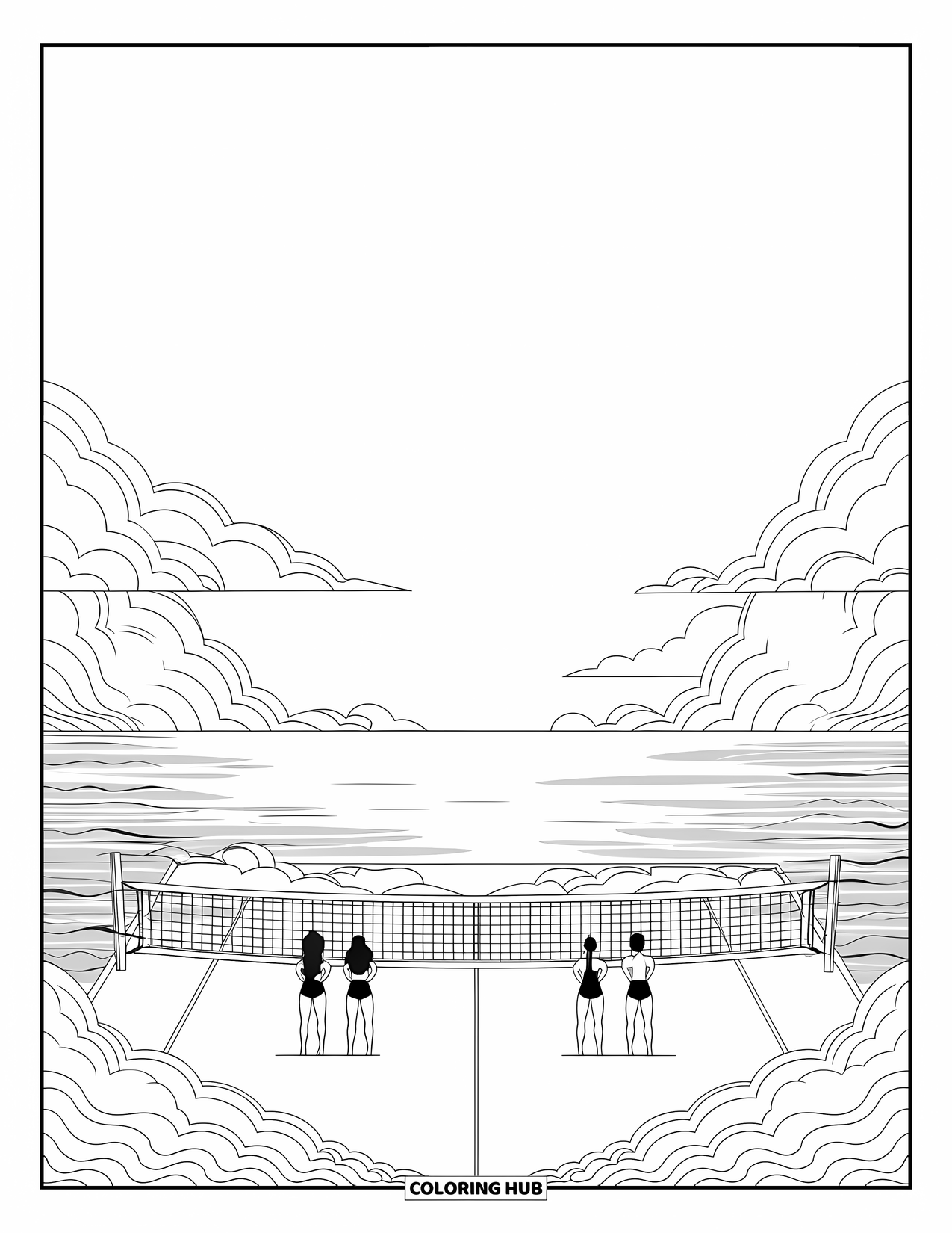 Volleyball Coloring Page for Adults: Players stand on a beach court with their backs turned, facing the ocean and sky