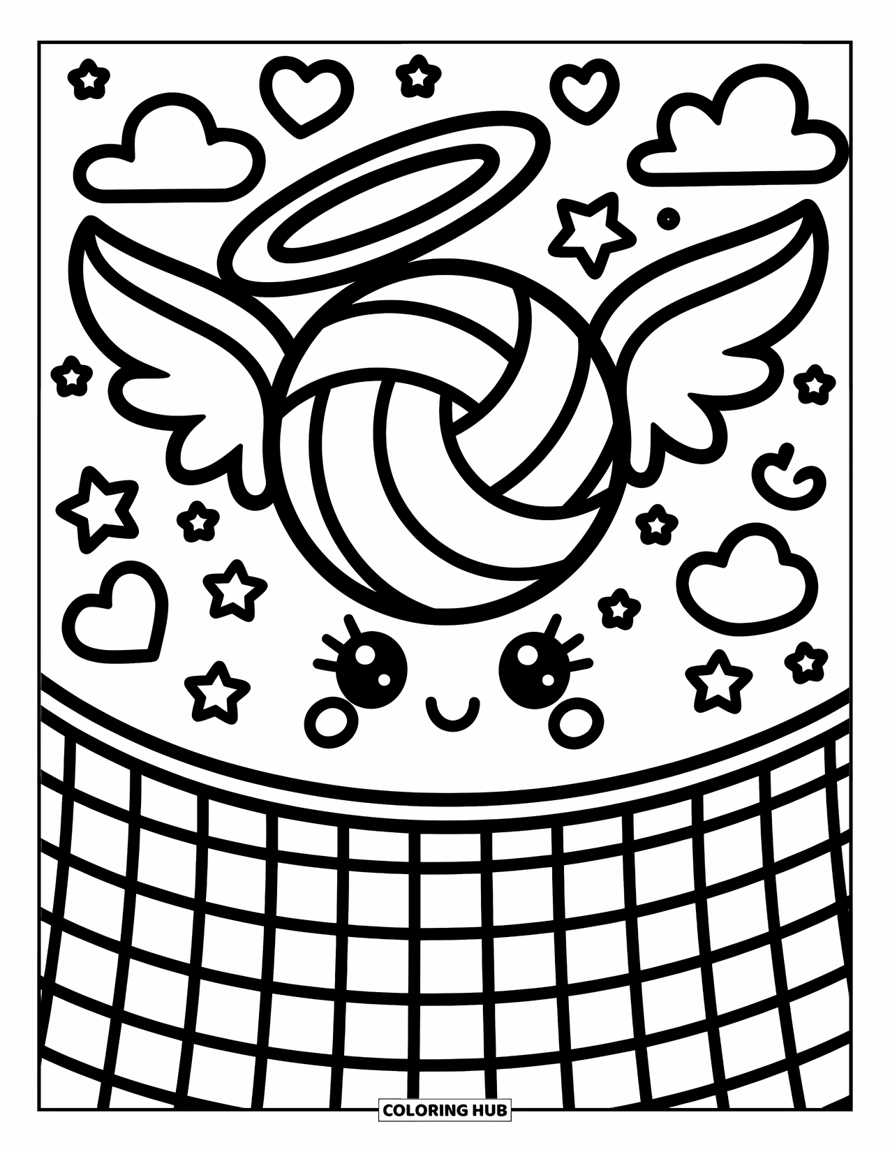 Volleyball Coloring Page for Adults: Winged volleyball hovers above a kawaii net with hearts, stars, and clouds around