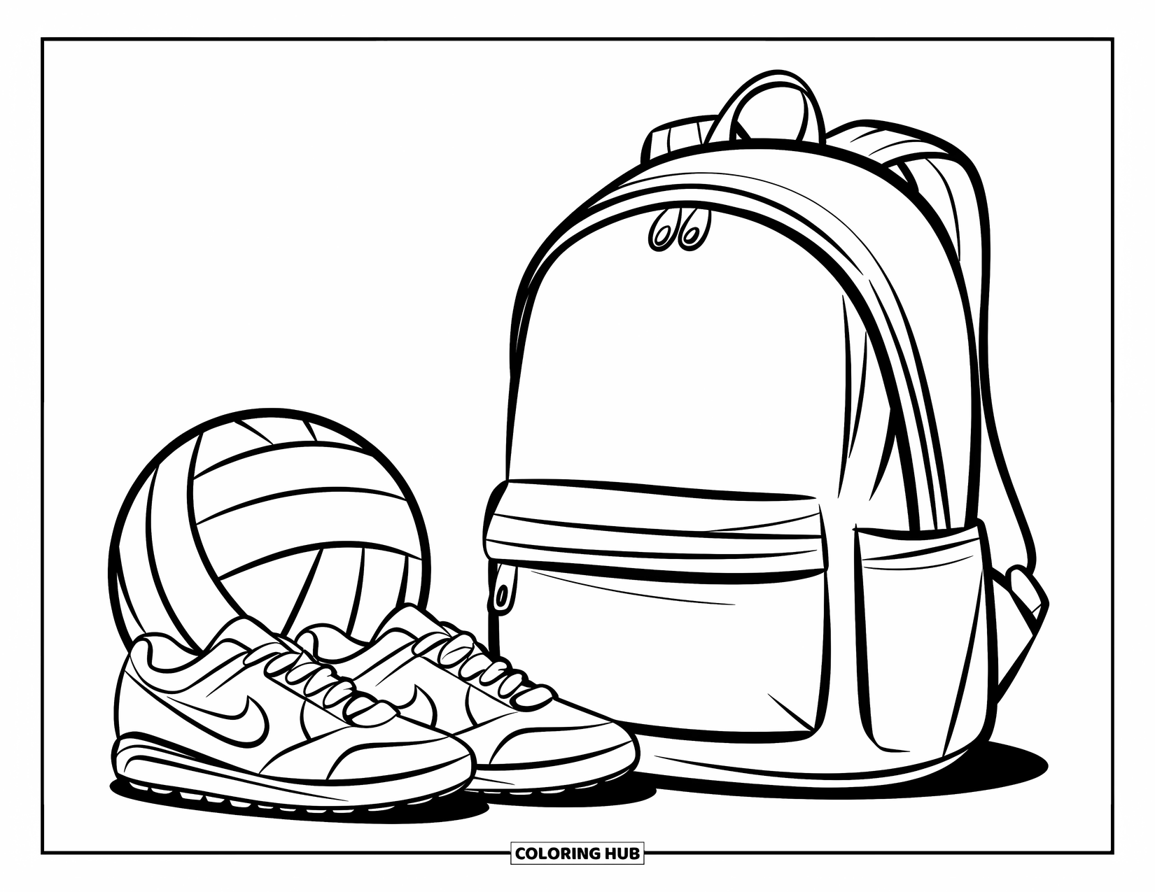 Volleyball Coloring Page for Kids: A backpack, volleyball, and sneakers sit neatly together on the ground