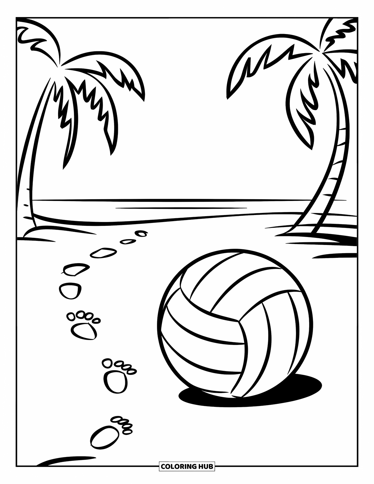 Volleyball Coloring Page for Kids: A ball bounces on the beach, footprints nearby and palm trees in the distance
