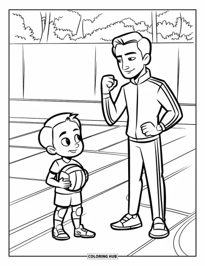 Ζωγραφιά με βόλεϊ για παιδιά: Παιδί με μπάλα βόλεϊ στέκεται κοντά σε προπονητή που δίνει παρακίνηση στο γήπεδο