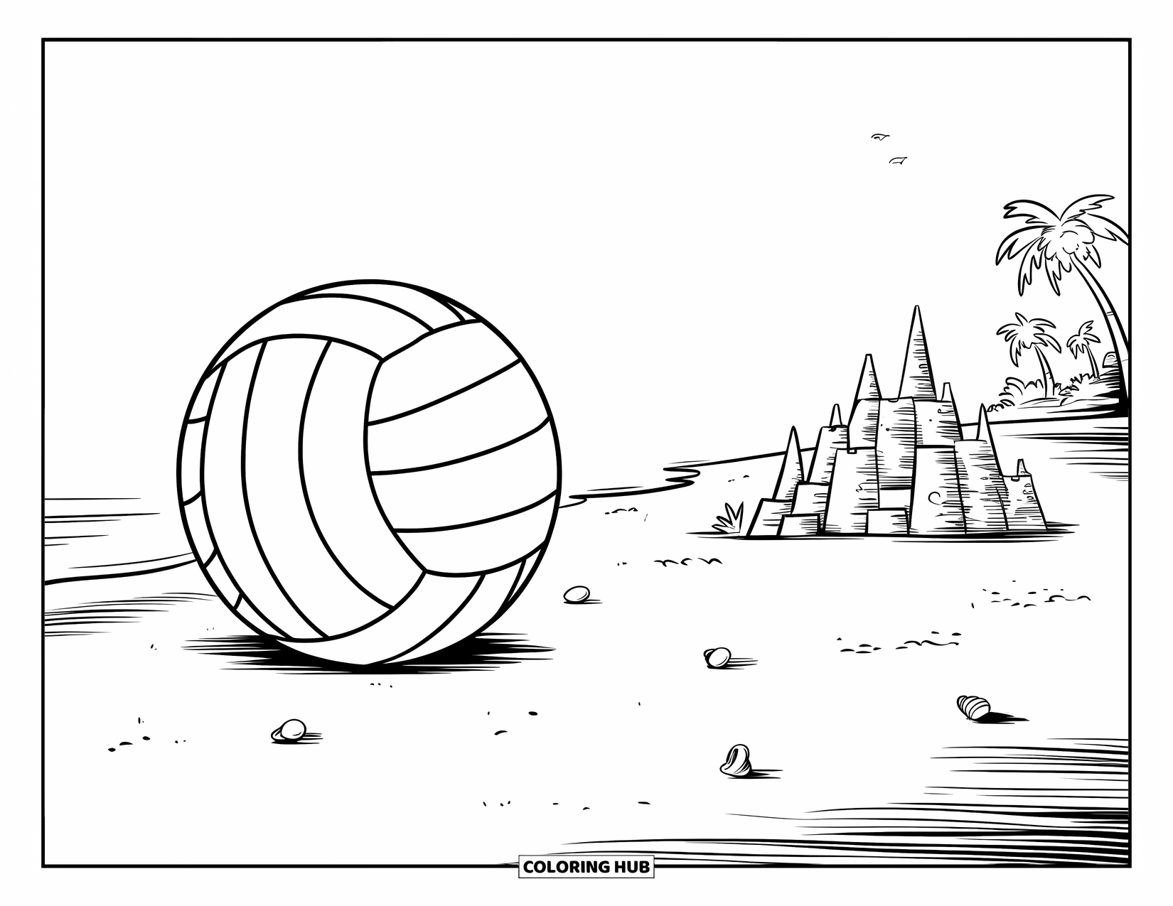 Volleyball Coloring Page for Kids: A giant volleyball sits on the beach with seashells and a tall sandcastle