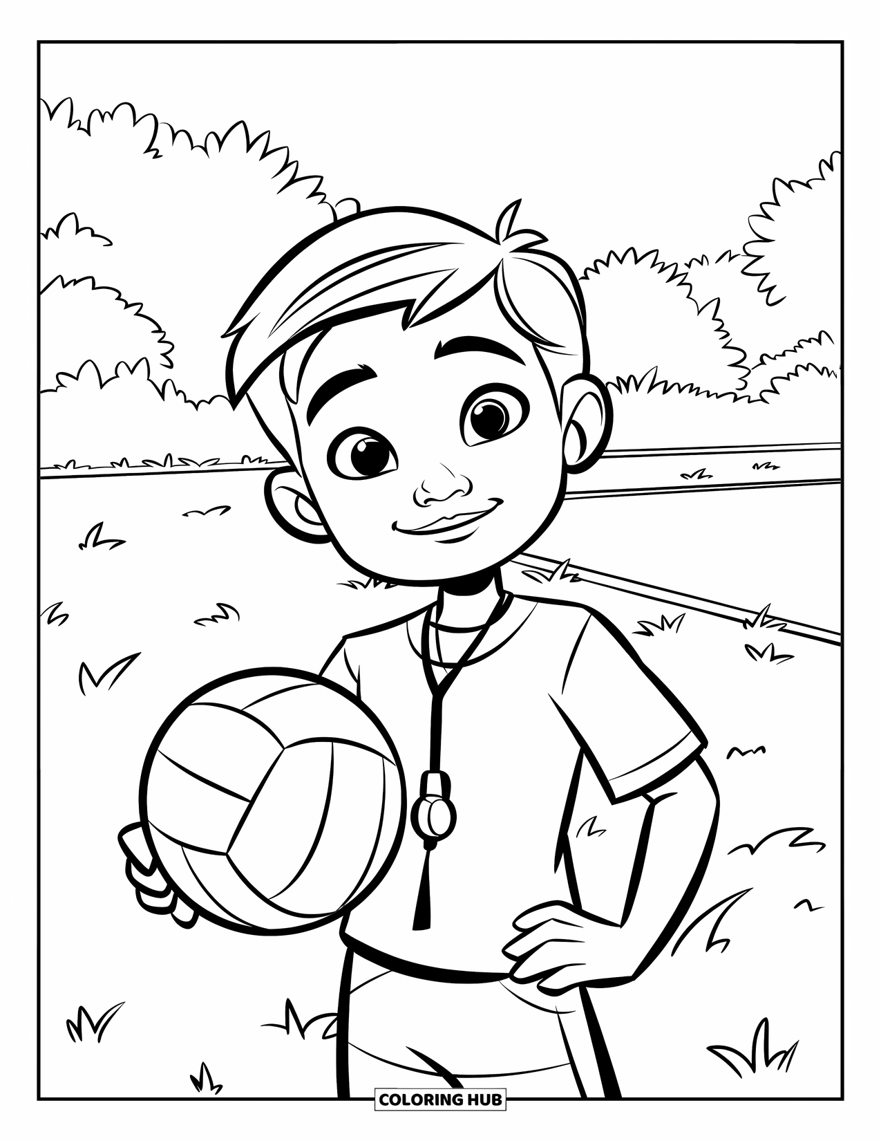 Volleyball Coloring Page for Kids: A happy kid with a volleyball and whistle stands on a grassy field with trees nearby