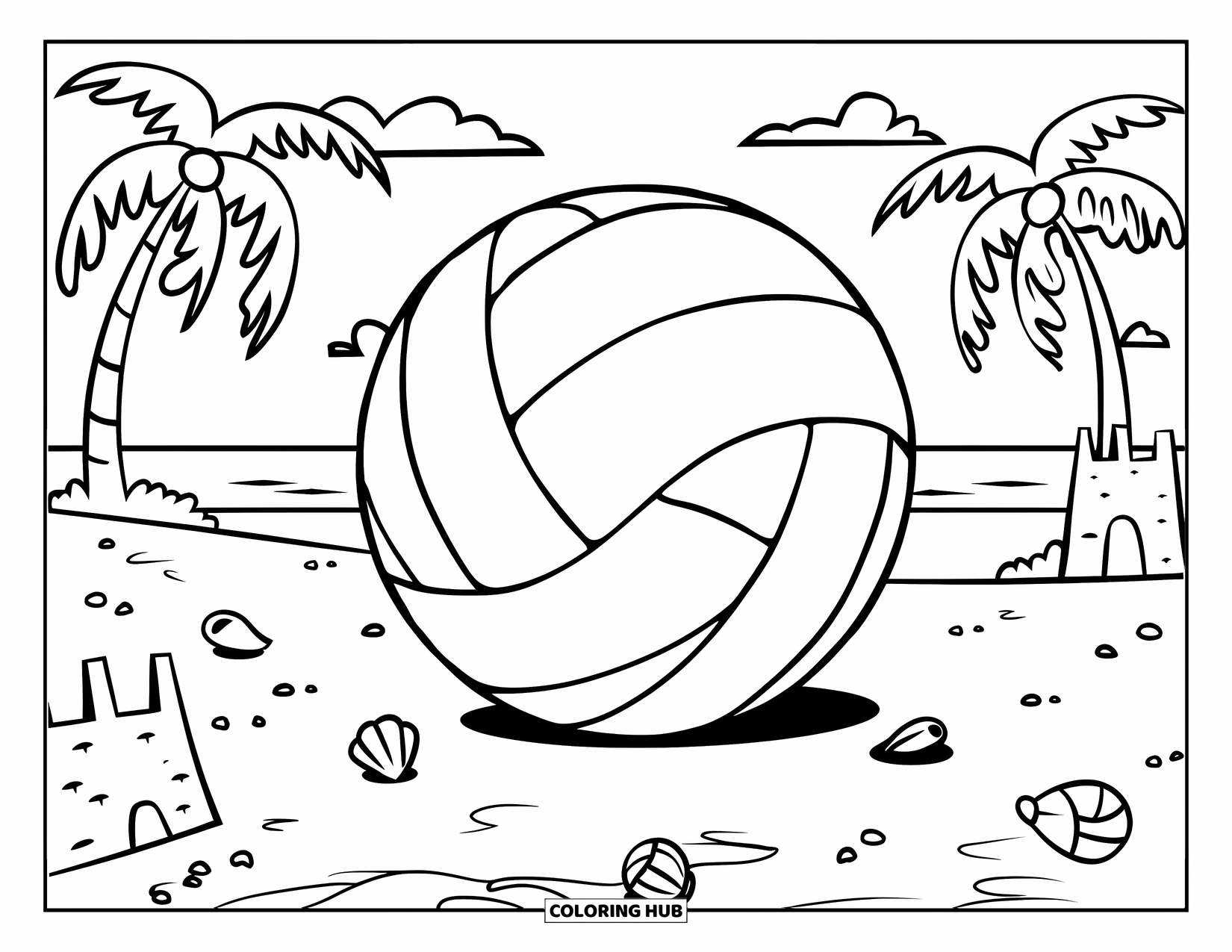 Volleyball Coloring Page for Kids: A huge volleyball on the beach stands beside a sandcastle and tiny scattered shells