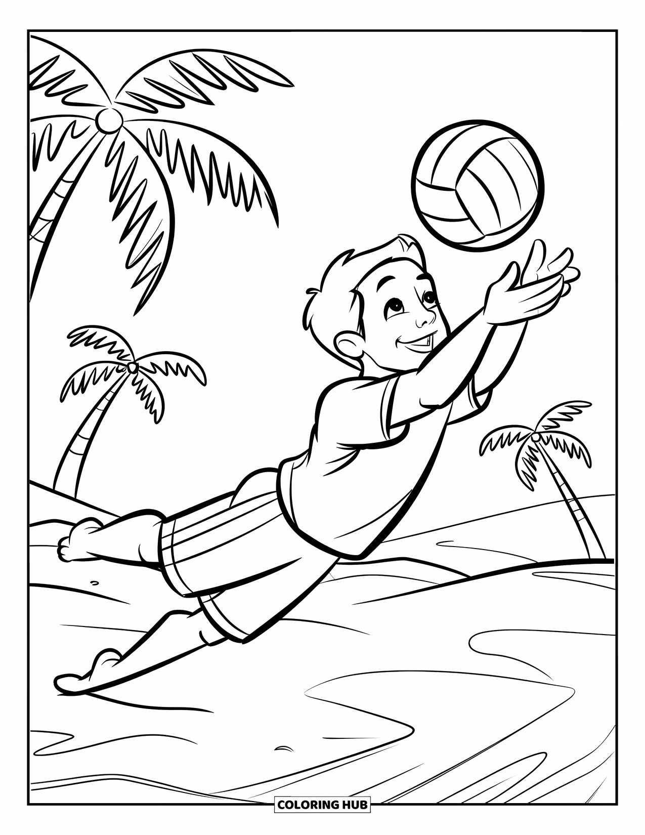 Volleyball Coloring Page for Kids: A kid dives playfully to catch a volleyball on the beach near palm trees