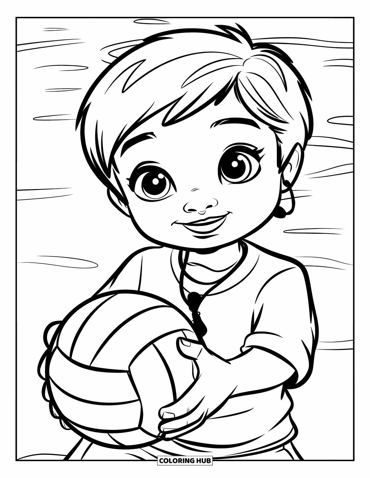 Volleyball Coloring Page for Kids: A smiling kid holds a volleyball on a sandy court, whistle hanging from their neck