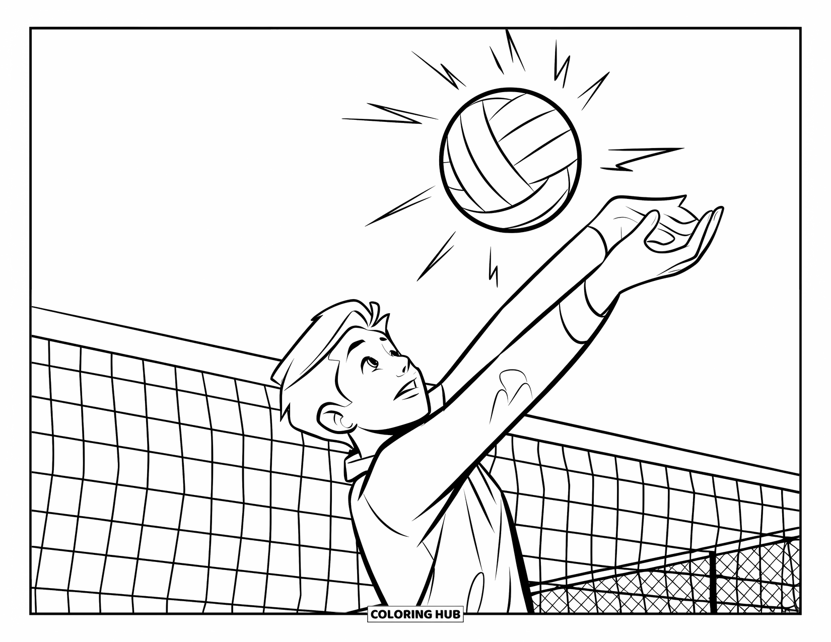 Volleyball Coloring Page for Kids: A teen launches a powerful spike across the court with action lines trailing