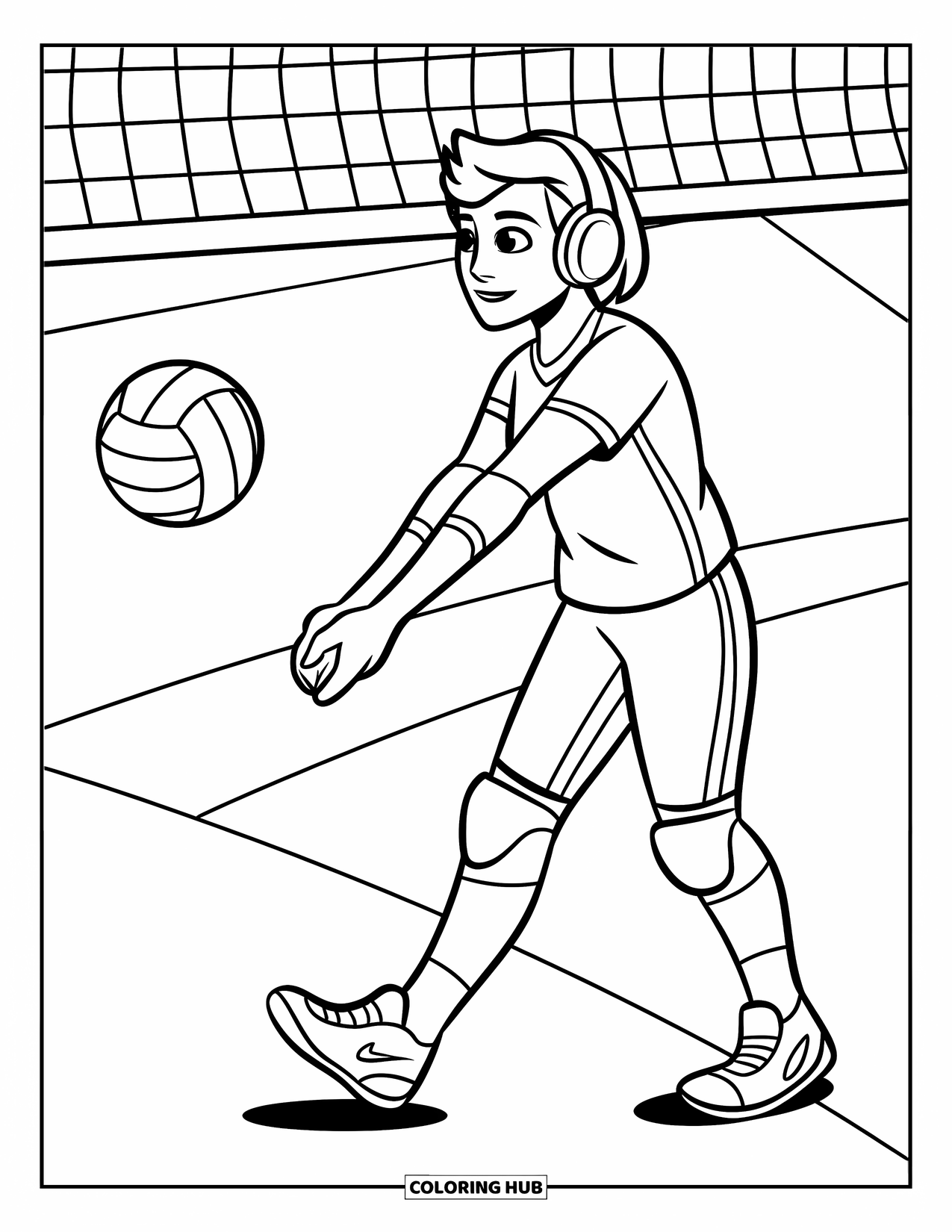 Volleyball Coloring Page for Kids: A teen strolls toward the court, volleyball in hand and music in their ears