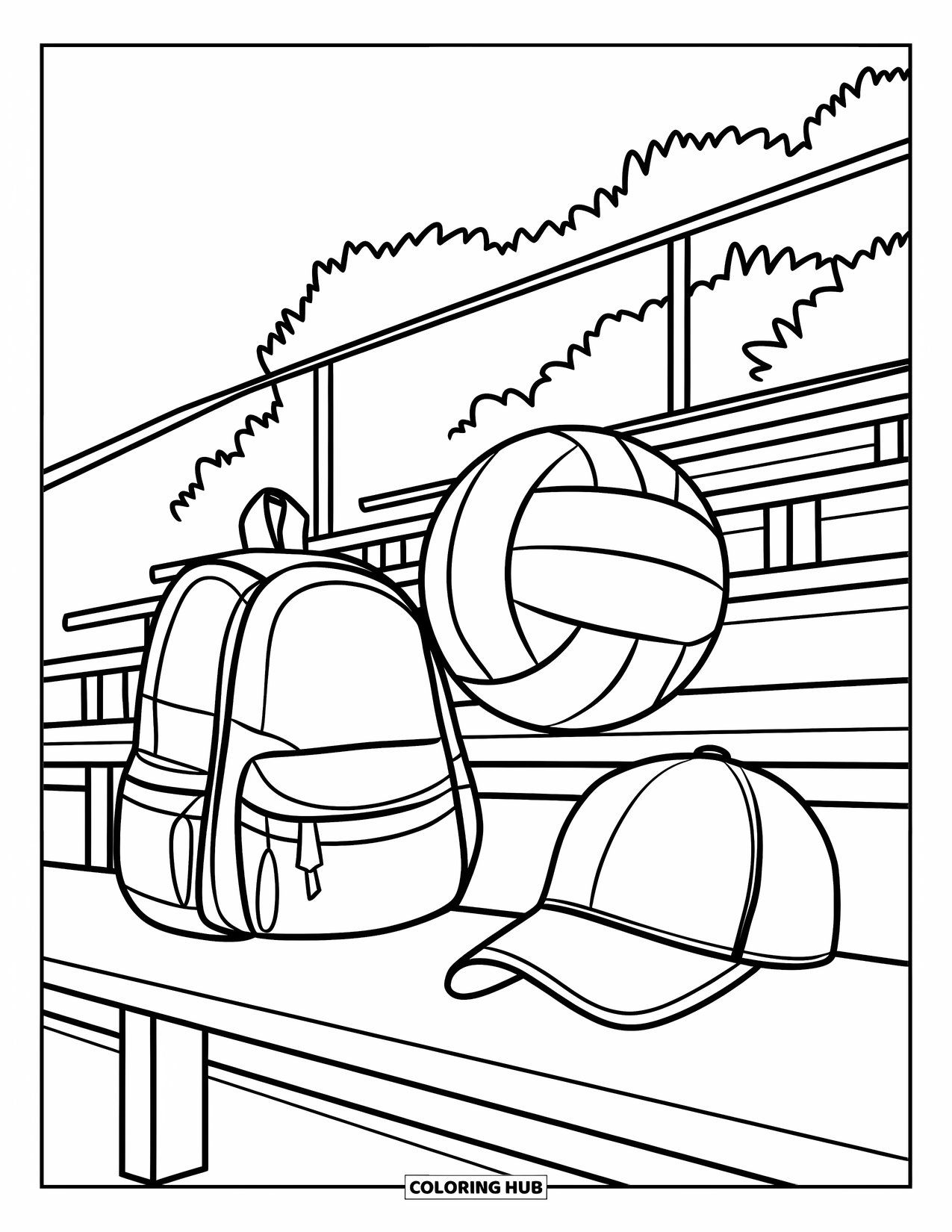 Volleyball Coloring Page for Kids: A volleyball rests on bleachers beside a backpack and cap with trees in the background