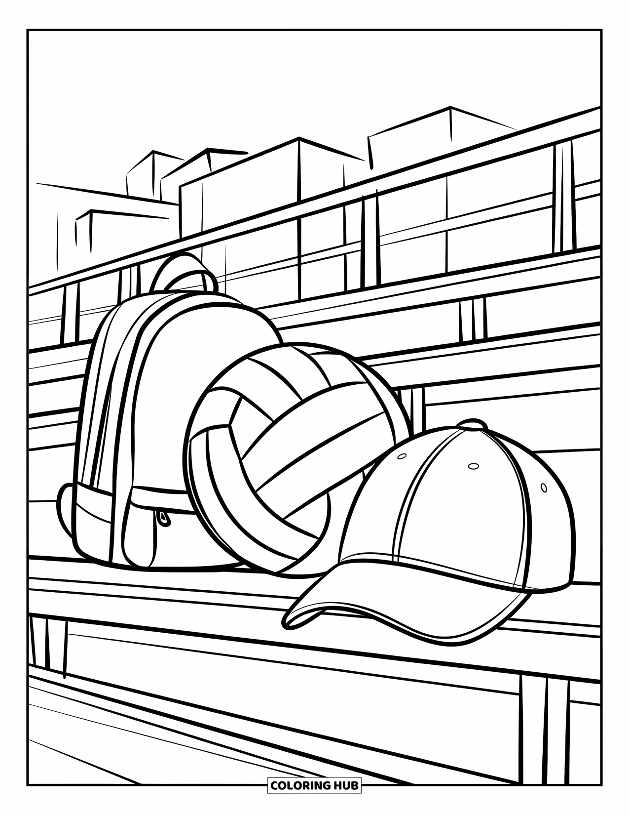 Volleyball Coloring Page for Kids: A volleyball sits on a bleacher with a backpack and cap nearby and buildings behind