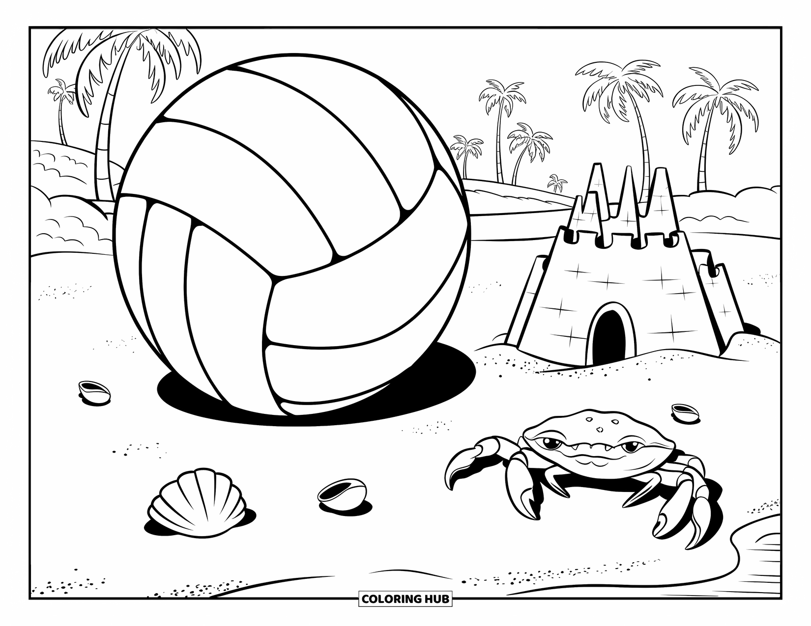 Volleyball Coloring Page for Kids: Seashells and crabs surround a giant volleyball on the beach with palm trees nearby
