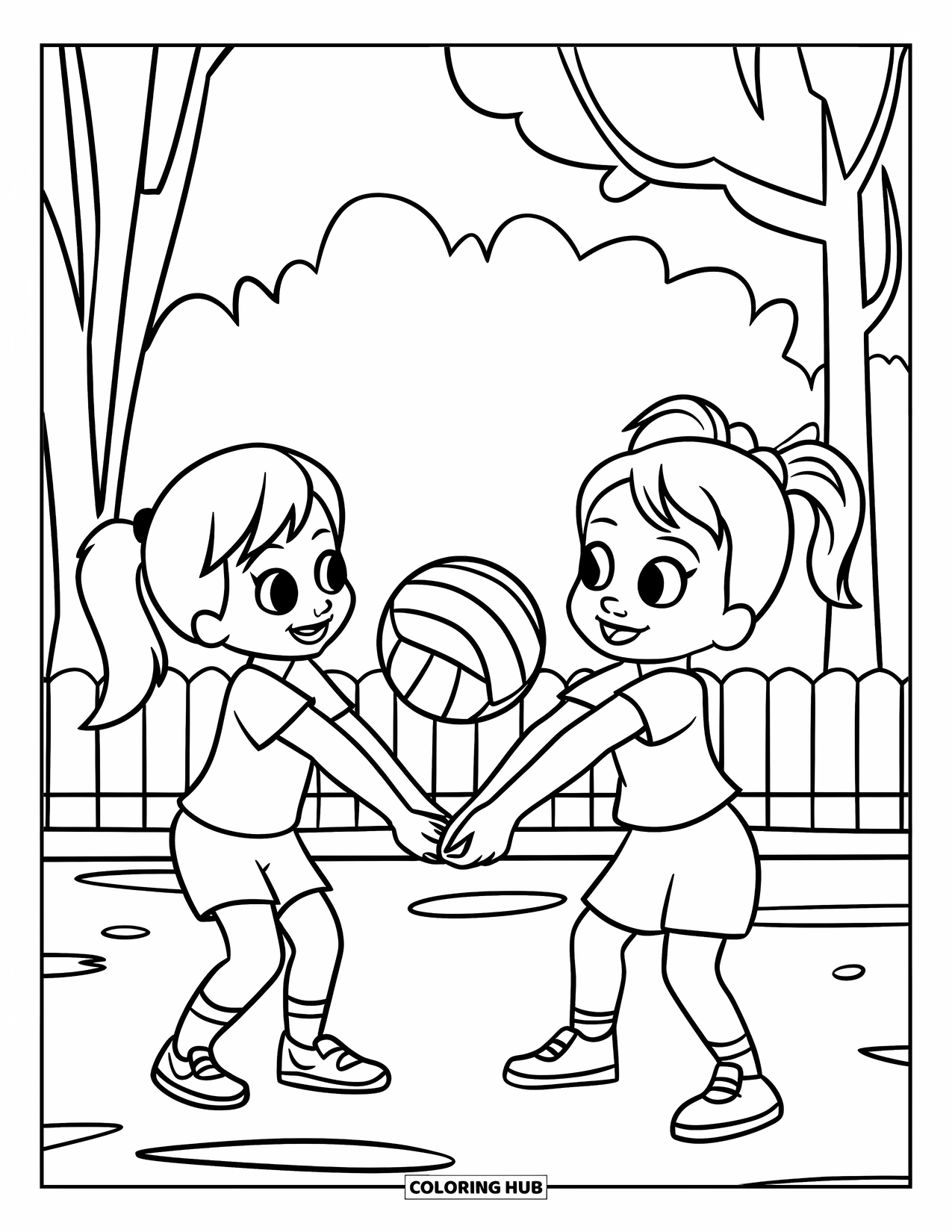 Volleyball Coloring Page for Kids: Smiling kids with ponytails toss a volleyball near a fence and trees
