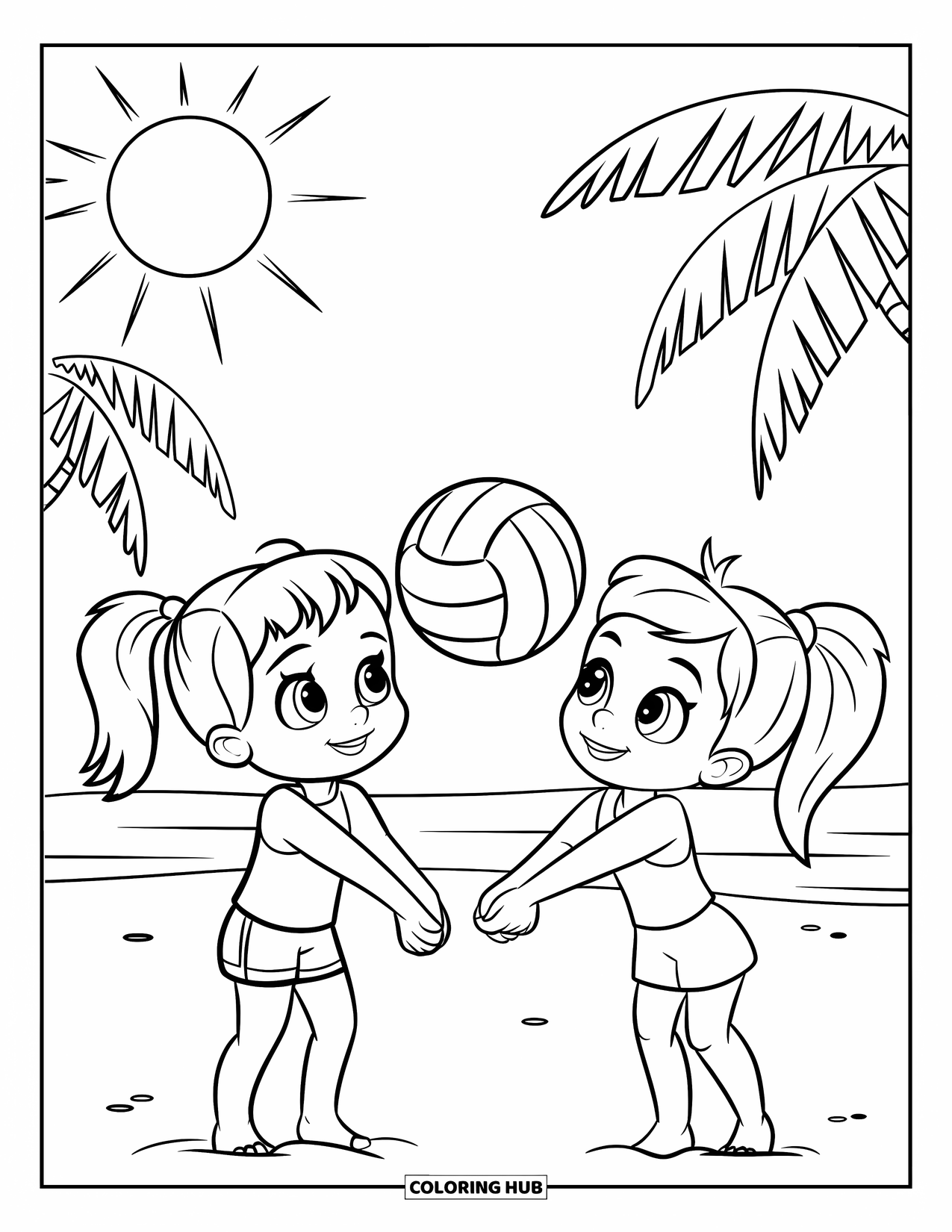Volleyball Coloring Page for Kids: Two playful kids toss a ball on the beach with palm trees in the distance
