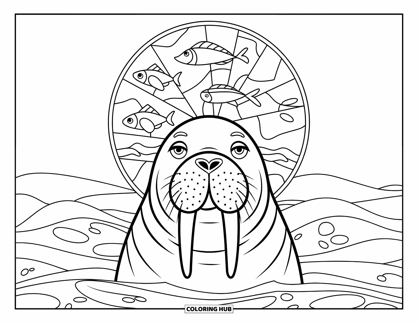 Walrus Coloring Page for Adults: Calm walrus with a stained-glass halo gazes over the gentle sea