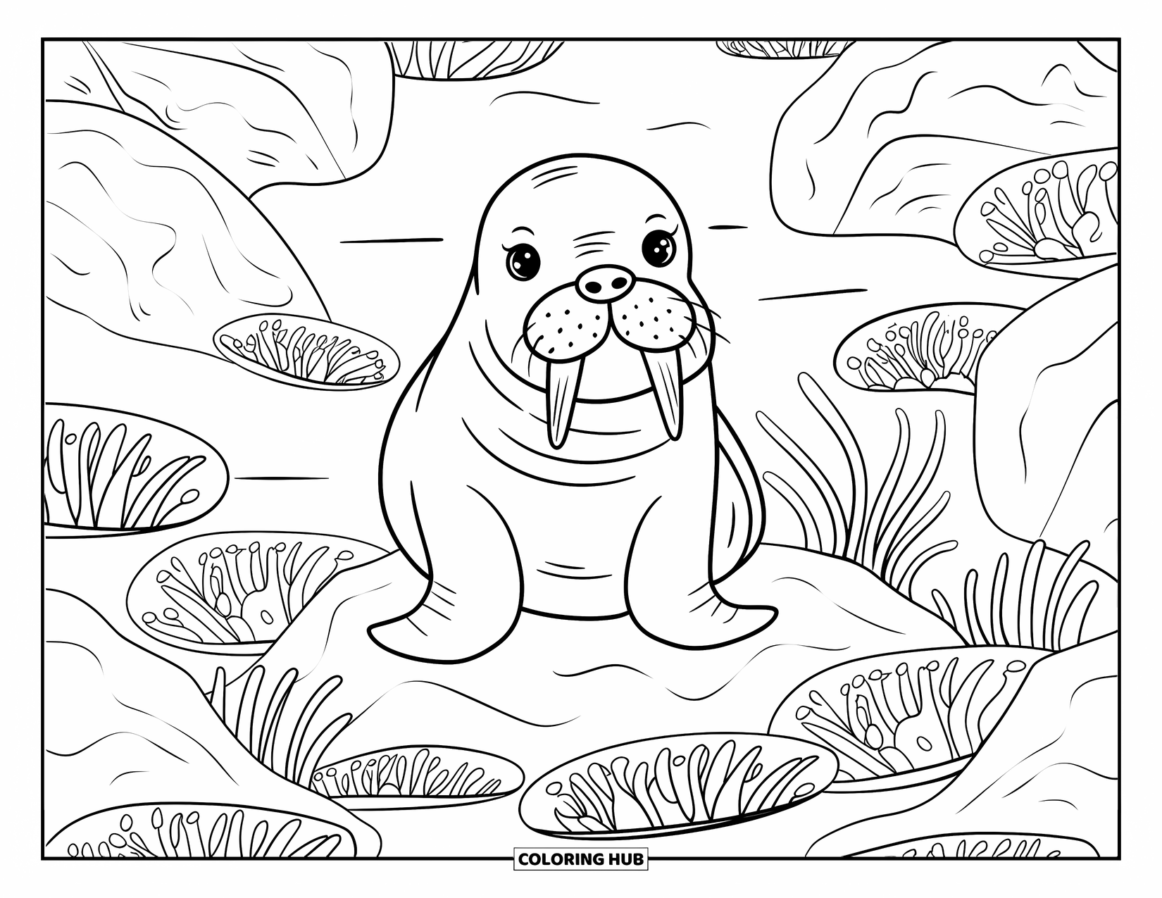 Walrus Coloring Page for Adults: Cozy walrus sits among swaying anemones and leafy underwater plants