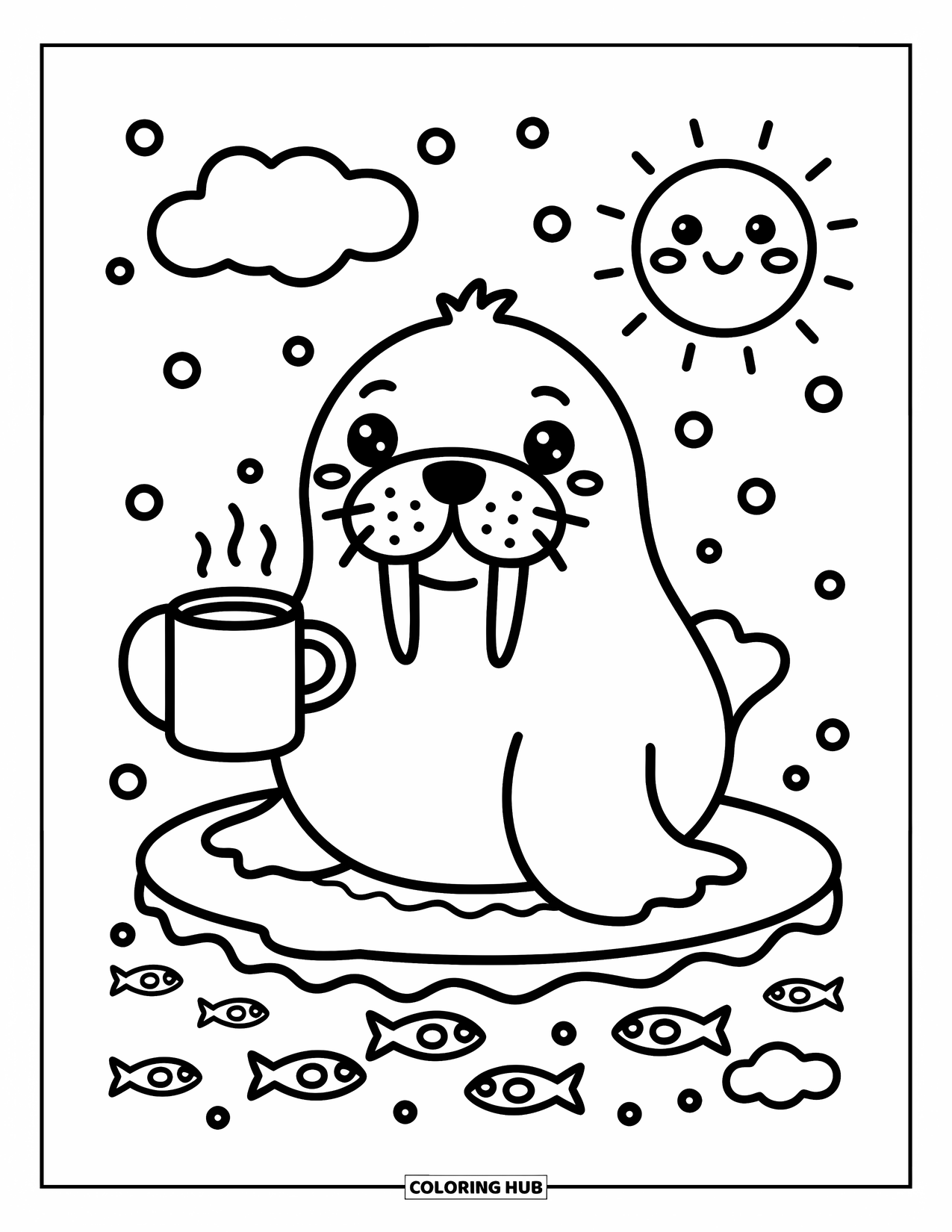 Walrus Coloring Page for Adults: Walrus enjoys a warm mug while snowflakes fall and fish swim nearby