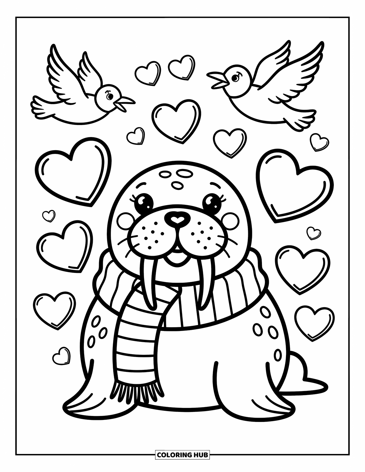 Walrus Coloring Page for Adults: Walrus in a striped scarf smiles at heart-shaped ice and flying seagulls